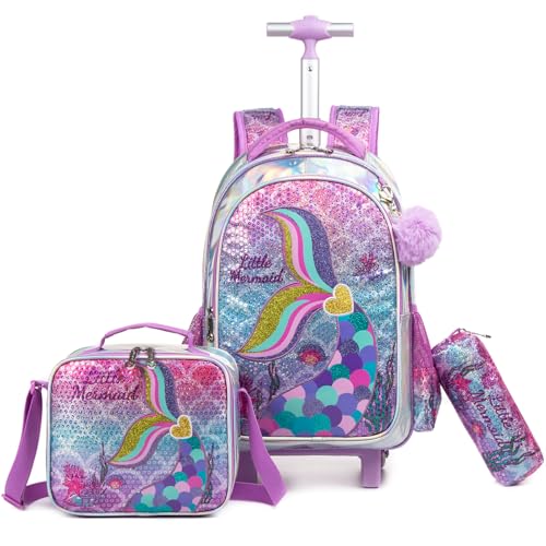 Kids Rolling Mermaids Backpack for Girls Sequins Trolley Suitcases Luggage Travel with Wheels Bookbag Wheeled 17" Roller Backpacks Toddler Back Pack School Bags for Elementary Golden Heart - color: 5416-meirenyu-golden
