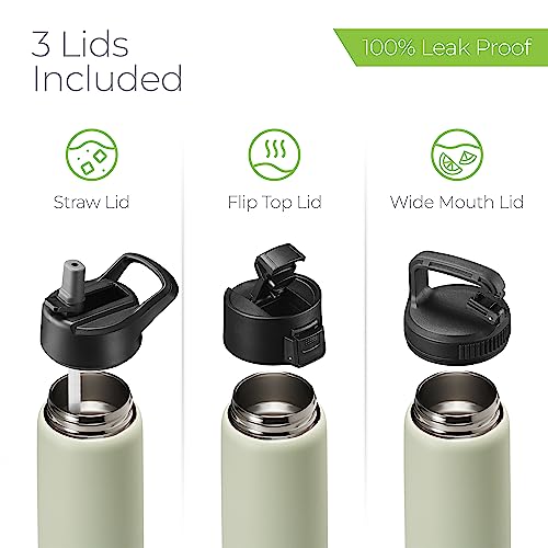 SipX™ 25 oz Insulated Water Bottle with 3 Lids – Leakproof Stainless Steel, Triple Insulated – Cold 24 Hours/Hot 12 Hours – Durable Bottle for School, Gym, Travel – Green - color: Green, size: 25 Ounces