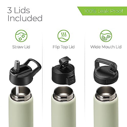 SipX™ 25 oz Insulated Water Bottle with 3 Lids – Leakproof Stainless Steel, Triple Insulated – Cold 24 Hours/Hot 12 Hours – Durable Bottle for School, Gym, Travel – Green - color: Green, size: 25 Ounces