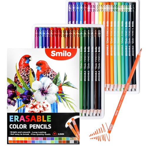 Smilo 36-Count Erasable Colored Pencils with Erasers | Easy to Erase, Smooth and Vibrant, Perfect for Adult Coloring Books, Writing, Drawing, Art Supplies for Artists, Beginners - style: 36 colors