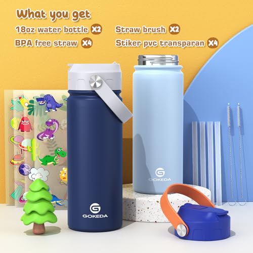 GoKEDA 18oz Kids Water Bottle, 2 Pack Stainless Steel Straw Cup - color: Light Blue+Sapphire Blue