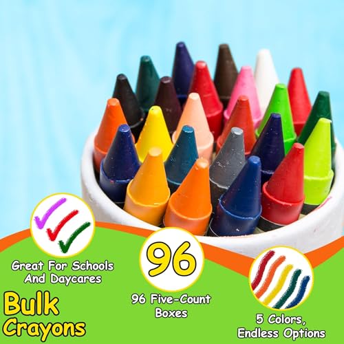 Trail maker Bright Wax Crayons – 96 Pack, 5 Per Box Mini Crayons for Kids, Party Favors, Toddler & Kids Ages 4-8, Bulk Art Supplies for Classrooms & Parties (480 total) - color: 96 Pack