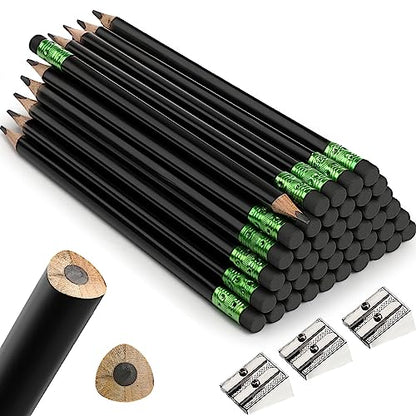 Fainne 48 Pcs Fat Pencils Jumbo Big Thick Large Pencils and 3 Pieces Sharpeners for Kids Beginners Preschoolers Kindergarten School Office Supplies(Black,Triangle) - color: Black, style: Triangle
