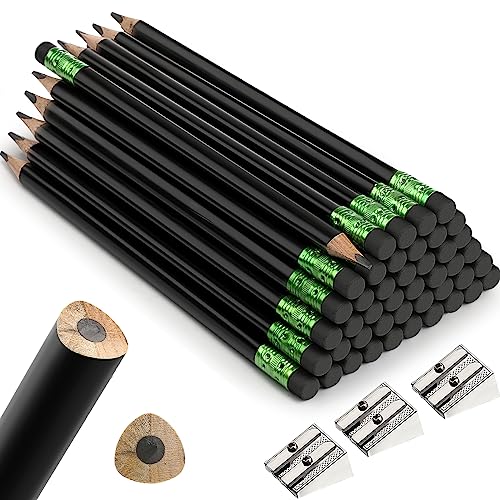 Fainne 48 Pcs Fat Pencils Jumbo Big Thick Large Pencils and 3 Pieces Sharpeners for Kids Beginners Preschoolers Kindergarten School Office Supplies(Black,Triangle) - color: Black, style: Triangle