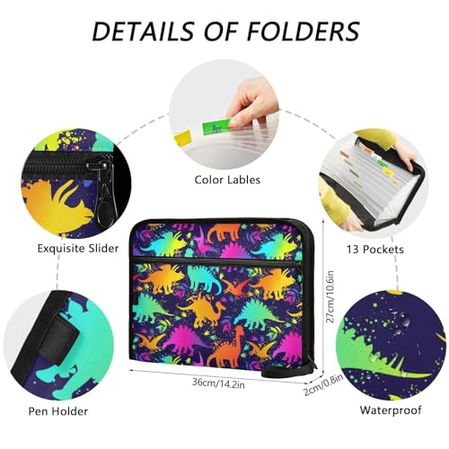 Bright Funny Dinosaurs File Folders,Plastic Folders with 13 Pockets,Expandable File Folder for Documents School Students Office,Aesthetic Folder with Labels A4 Letter Size - color: Multi 2