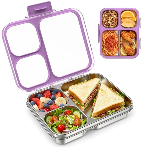 Stainless Steel Bento Lunch Box, 34oz/1000ml Leak Proof Metal Container, Lightweight 3mm Ultra-Narrow Bezel with Tritan Lid for Kids & Adults, 3-Compartment, BPA/BPS Free, Dishwasher Safe, Purple - color: Purple, size: 34oz/1000ml