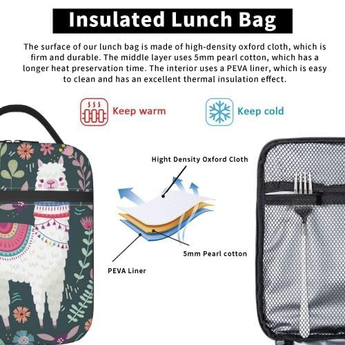 YETTA YANG Cute Llama Flower Portable Lunch Bag Insulated Lunch Box Reusable Totes For Women Men Work Picnic Camping - color: Black26