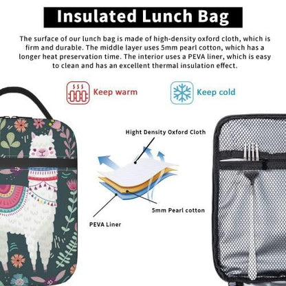 YETTA YANG Cute Llama Flower Portable Lunch Bag Insulated Lunch Box Reusable Totes For Women Men Work Picnic Camping - color: Black26