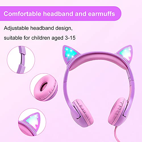 Olyre Kids Headphones, Safe 85db Volume Control Light Up Cat Ear Headphones Purple-Pink and All-Pink