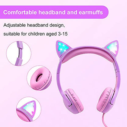 Olyre Kids Headphones, Safe 85db Volume Control Light Up Cat Ear Headphones Purple-Pink and All-Pink