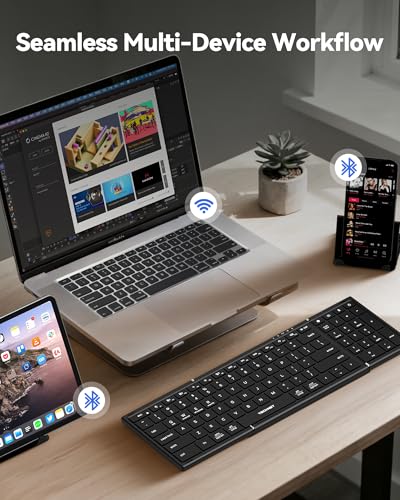 TECKNET Wireless Foldable Bluetooth Keyboard, Rechargeable Portable Keyboards for Travel with Number Pad, Full-Size Connect Up to 3 Devices for iPad Tablet Smartphone Laptop PC Windows iOS Android