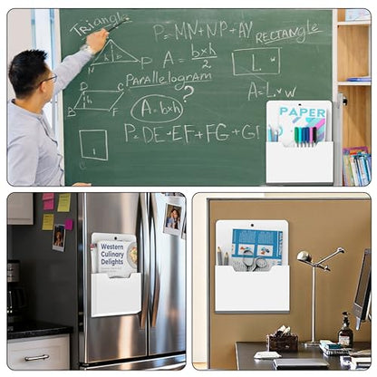 DALTACK 2 Pack Magnetic File Folder Holders, Large Vertical Pockets, White | Plastic magnetic file holder mounts without drilling for letters, documents and magazines on metal cabinets or refrigerators