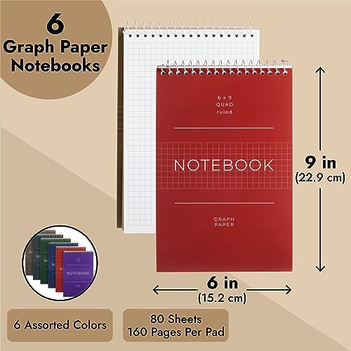 Juvale 6 Pack Quad Ruled 6x9 Inch Top Bound Spiral Graph Paper Notebook - 80 Sheets / 160 Writable Page Steno Notepads for Writing, Sketching, Drawing, School Supplies (6 Colors)