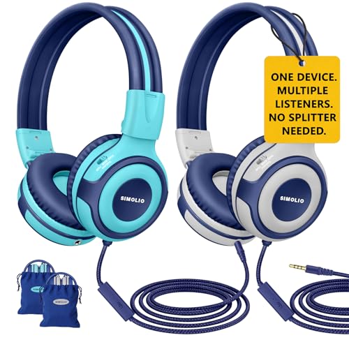 SIMOLIO Manyshare Series-2 Pack Kids Headphones for School w/Share Port, 75/85/94dB Volume Limit, Wired Headphones with Mic for Chromebook iPad, Foldable Headset for Airplane/School/Gaming Boys Girls - color: Mint & Grey