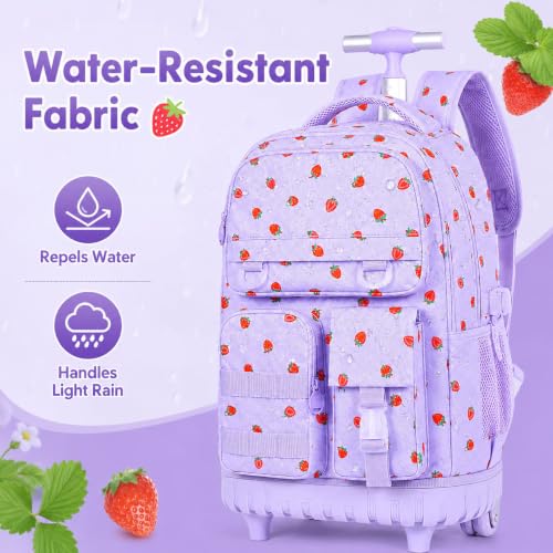 WZLVO 3PCS Roller Backpack, Water Resistance Girls Wheeled Bookbag, Women Aesthetic Rolling School Bag Set with Lunch Box & Pencil Bag for Teens & Kids - Purple Strawberry - color: 3pcs Girls Rolling Backpack - Purple Strawberry