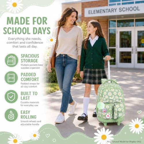 WZLVO 3PCS Roller Backpack, Water Resistance Girls Rolling Bookbag with Wheels, Women Aesthetic Wheeled School Bag, Set with Lunch Bag & Pencil Bag for Teens & Kids - Green Chrysanthemum - color: 3pcs Girls Rolling Backpack - Green Chrysanthemum