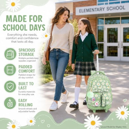 WZLVO 3PCS Roller Backpack, Water Resistance Girls Rolling Bookbag with Wheels, Women Aesthetic Wheeled School Bag, Set with Lunch Bag & Pencil Bag for Teens & Kids - Green Chrysanthemum - color: 3pcs Girls Rolling Backpack - Green Chrysanthemum