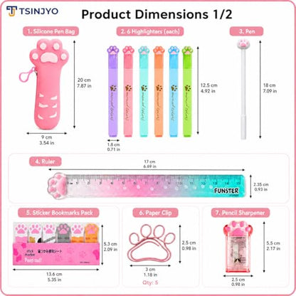 24Pcs Cute Stationery Set W Paper Clips Stapler Scissors Sticky Notes Eraser Ruler Sharpener Pencil Case Highlighter Correction Tape Desk Accessories for School Office Supplies