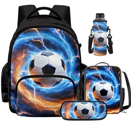 Cool Soccer Backpack for Boys 8-12 Kids Backpack with Lunch Box Water Bottle Holder with Strap and Zipper Pencil Case 4PCS Set Bookbag with Compartments for School 17 inch Elementary - color: Cool Soccer