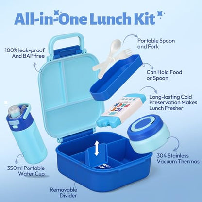 Itslife Bento Box for Kids Set, Insulated Food Container,Kids Lunch Box, 7 oz Thermos for Hot Food, 12 oz Thermos Water Bottle, Reusable Insulated Ice Bag & Fork Spoon Utensils Camping Travel Blue - color: Blue