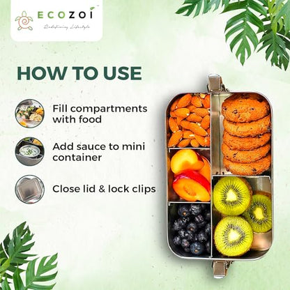 ecozoi 5 Compartment Stainless Steel Bento Lunch Box for Adults & Kids, 50 oz Leakproof Metal Meal Prep Container with Bonus Sauce Cup, BPA Free Eco Friendly, Dishwasher Safe for School, Work, Office - size: 5 Compartment 50 Oz