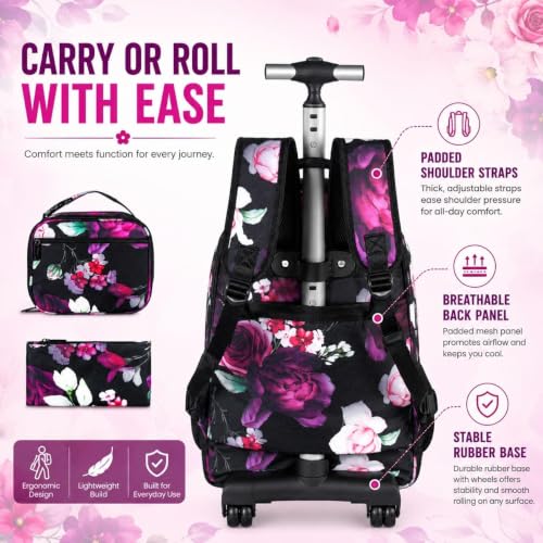 3Pcs Rolling Backpack for Girls Women, Travel Roller Backpacks with Wheels for Adults, Teens College Rose Wheeled Bookbag with Lunch Box(Black) - color: Rose Black