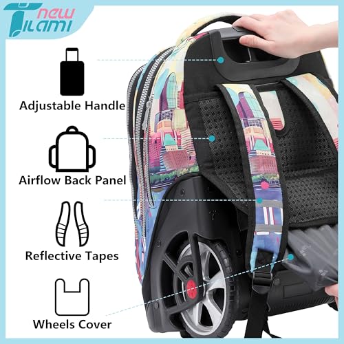 NEW TILAMI 19 Inch Rolling Backpack with Lunch Bag for Girls Boys Wheeled Laptop Backpack Durable Carry-on Bag School Travel, City - color: Yellow City