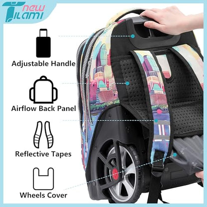 NEW TILAMI 19 Inch Rolling Backpack with Lunch Bag for Girls Boys Wheeled Laptop Backpack Durable Carry-on Bag School Travel, City - color: Yellow City