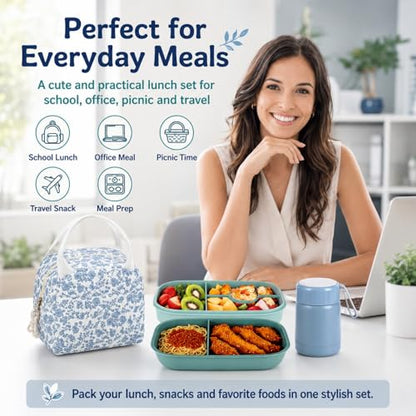 Bento Lunch Box Set for Women, with 12oz Soup Thermo, with Leak-Proof Food Containers, Insulated Lunch Bag for Girls for Travel Picnic - color: Blue Flowers