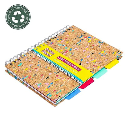 Pukka Pad, Pukka Planet Cork B5 Multi-Subject Notebook – Wire Bound Project Book with 200 Pages, 100 Sheets of FSC Recycled 8mm Lined Paper & Tabbed Dividers for Home, School, & Office, 10.12 x 7.3in - style: Project Notebook