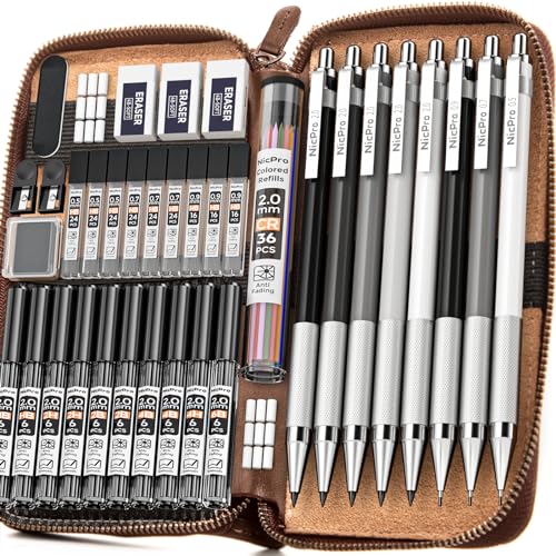 Nicpro 38PCS Art Mechanical Pencils Set in Leather Case, 3 PCS Metal Drafting Pencil 0.5, 0.7, 0.9 mm & 5 PCS 2mm Lead Holder (6B 4B 2B HB 2H 4H Colors) For Sketching Drawing With 20 Tube Lead Refills - size: 38PCS