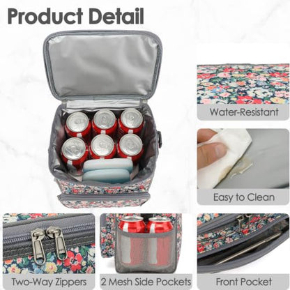 FlowFly Insulated Reusable Lunch Bag Adult Large Lunch Box for Women and Men with Adjustable Shoulder Strap,Front Zipper Pocket and Dual Large Mesh Side Pockets,Floral - color: Floral