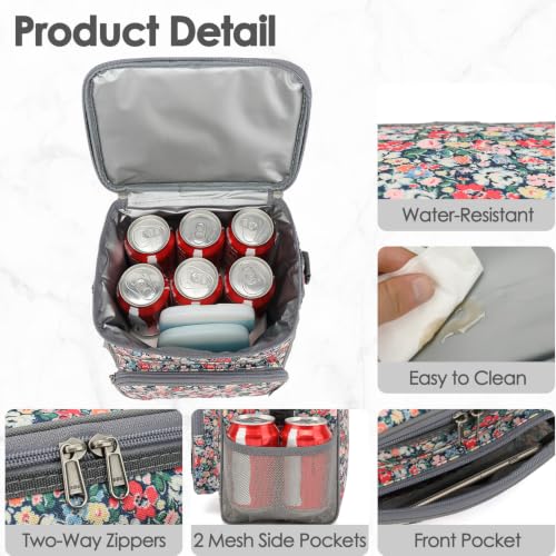 FlowFly Insulated Reusable Lunch Bag Adult Large Lunch Box for Women and Men with Adjustable Shoulder Strap,Front Zipper Pocket and Dual Large Mesh Side Pockets,Floral - color: Floral