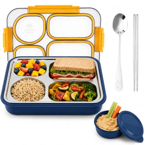 Large 10 x 7.5" Stainless Steel Bento Lunch Box with 4 Compartments Leakproof Lid BPA-Free 304 Stainless Steel Food Container - Keeps Food Separate for Adults and Kids School Office and Travel, Yellow - color: Yellow