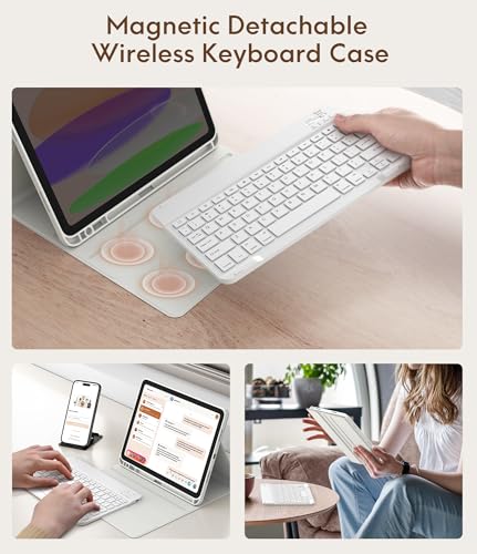 CHESONA Compatible for iPad 11th(A16)/10th Generation Case with Keyboard | Detachable Wireless Keyboard, Stand Folio Keyboard Cover with Pencil Holder, Thin & Light, White - color: White