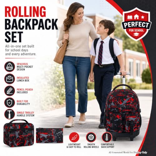 WZLVO 3PCS Boys Rolling Backpack, Water Resistance Roller Bookbag, Wheeled School Bag Set with Lunch Box & Pencil Bag for Teens & Kids - Spray Painted Red - color: 3PCS Boys Rolling Backpack - Spray Painted Red