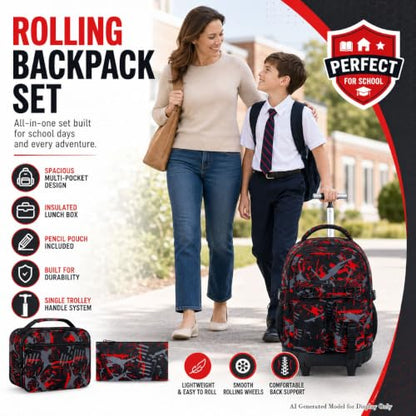 WZLVO 3PCS Boys Rolling Backpack, Water Resistance Roller Bookbag, Wheeled School Bag Set with Lunch Box & Pencil Bag for Teens & Kids - Spray Painted Red - color: 3PCS Boys Rolling Backpack - Spray Painted Red