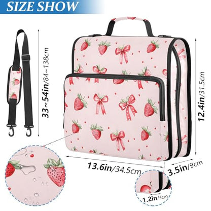 Strawberries Bows Pattern Zipper Binder 3 Ring with Handle and Shoulder Strap, 500 Sheet Binder Organizer Capacity & Multi-Pockets for School Office - color: A6181