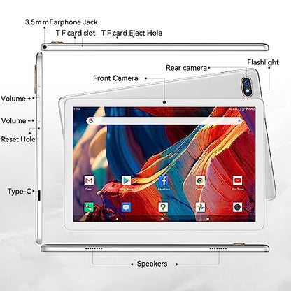 Tablet 10.1 Inch 128 Storage+1TB Expand 2 in 1 Android Tablets, Tablet with Keyboard Case Mouse, 5G Dual WiFi, GPS, Octa Core, HD Touchscreen,13MP Dual Camera, Bluetooth, 7000 mAh Battery -Silver