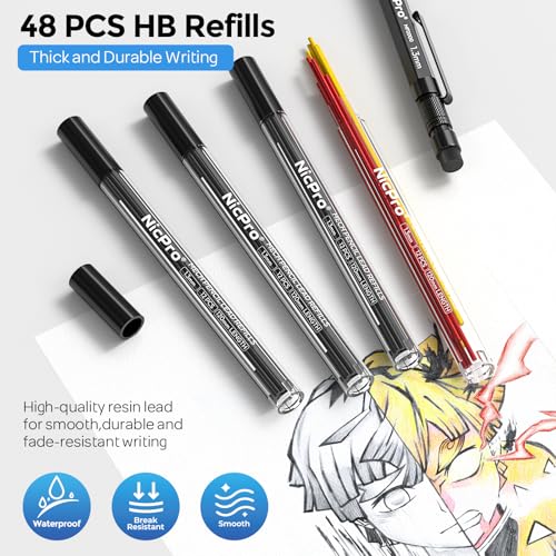 Nicpro 3 PCS 1.3 mm Blacke Mechanical Pencils Set with 48 Lead Refill, 3 Eraser - Weatherproof Metal Barrel, Heavy Duty Carpenter Pencil MP2000 for Outdoor Marking Drafting Drawing Woodworking - style: 3 Pack (Black)