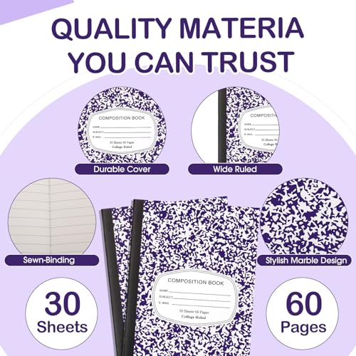 Fainne 100 Pack College Ruled Composition Notebooks A5,Purple | 30 Sheets/60 Pages Marble Cover Composition Journals Bulk for Back to School Classroom High College School Supplies - color: Purple