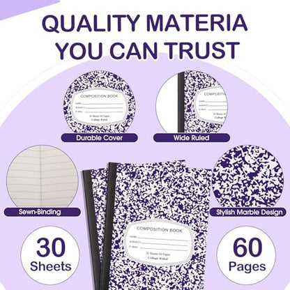 Fainne 100 Pack College Ruled Composition Notebooks A5,Purple | 30 Sheets/60 Pages Marble Cover Composition Journals Bulk for Back to School Classroom High College School Supplies - color: Purple