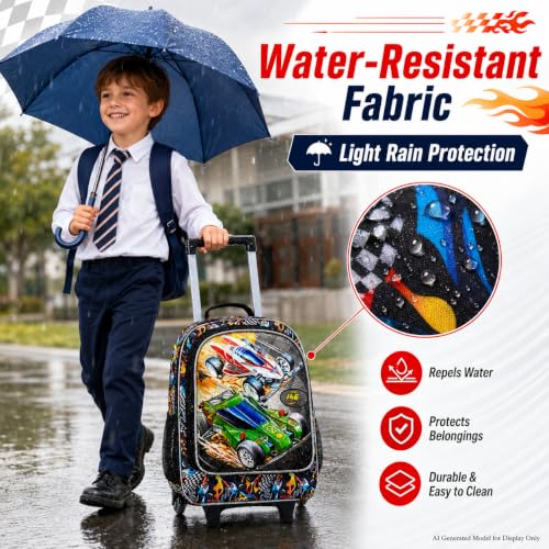 CCJPX 3Pcs Racing Car Rolling Backpack for Boys, 18" Kids Wheeled Bookbag with Lunch Box, Lightweight Roller School Bag for Elementary Preschool(Black) - color: Red Green Race Car
