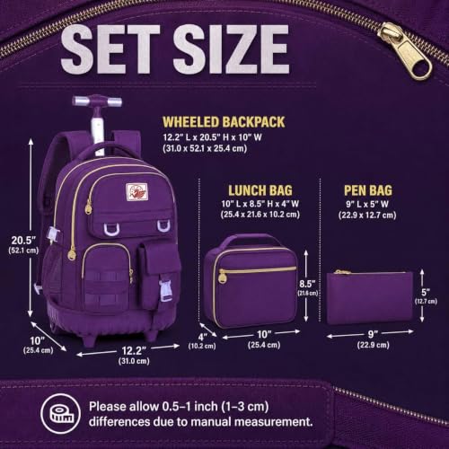 CCJPX 3PCS Rolling Backpack for Girls, Women Roller Bookbag with Lunch Box for Adults, Water Resistant Wheeled School Bag for Teens Kids Travel - Dark Purple - color: Dark Purple