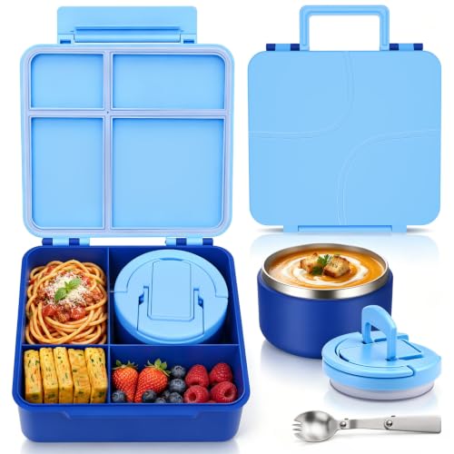 MAXSO Bento Lunch Box Set for Kids with 8 oz Soup Thermo, Leakproof Hot Food Container with 4 Compartments, Insulated Food Jar for Toddler Daycare Boys Girls School - Blue - color: Blue