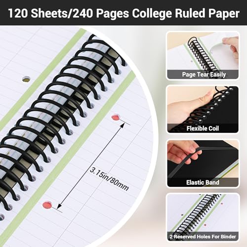 EUSOAR Black Spiral Notebook, 1 Pack A5 7.3" x 8.1" 3 Subject Notebook Journal, College Ruled Hardcover Cute Notebook 240 Pages 90gsm Thick Paper with Pocket for Work Office School Supplie - color: Black, style: A5 Lined