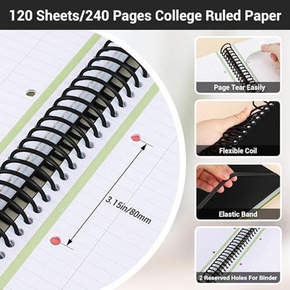 EUSOAR Black Spiral Notebook, 1 Pack A5 7.3" x 8.1" 3 Subject Notebook Journal, College Ruled Hardcover Cute Notebook 240 Pages 90gsm Thick Paper with Pocket for Work Office School Supplie - color: Black, style: A5 Lined