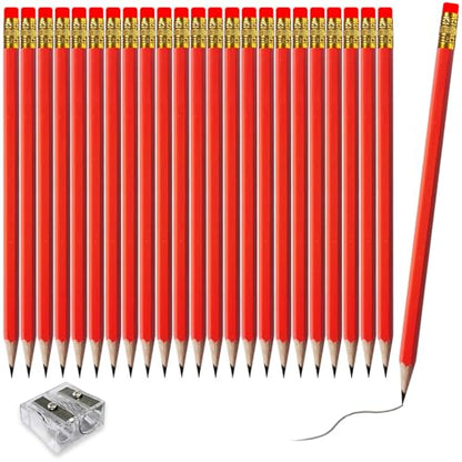 Adhere 25pcs Woodcase Pencils with Eraser Premium Pre-Sharpened Hexagon Graphite 2B pencils ideal for home, office writing including a Free Sharpener - color: Red・25pcs