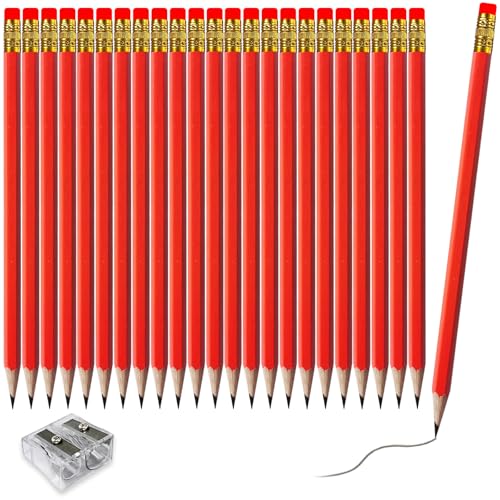 Adhere 25pcs Woodcase Pencils with Eraser Premium Pre-Sharpened Hexagon Graphite 2B pencils ideal for home, office writing including a Free Sharpener - color: Red・25pcs
