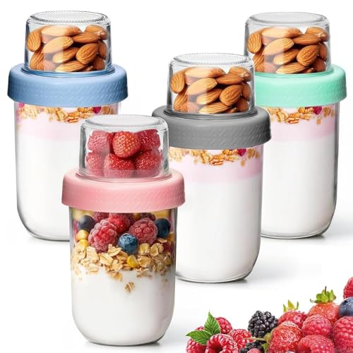 16+4 oz Yogurt Parfait Cups with Lids 4 Pack Overnight Oats Jars | Dry Wet Separation, Cereal Cups,Chia Pudding,Snacks,Nuts, Fruit,Granola Toppings,Meal Prep Jars - color: Mixed color 1